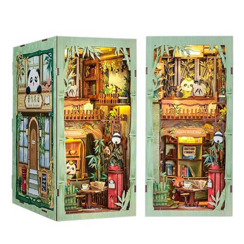 CUTEBEE Book Nook Puppenhaus Kit mit Staubschutz und LED-Licht - DIY Miniatur Haus Kit,Holzkunst Buchstützen, Modell Kits für Erwachsene zu Bauen Weihnachtstag Geschenke (Panda Bookshop) von CUTEBEE