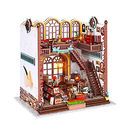 CUTEBEE Puppenhaus Miniatur mit Staubschutzhülle,Idee DIY hölzernes Miniatur Haus Kit mit LED-Licht,Maßstab 1:24 kreativer Raum (Magic Bookstore) von CUTEBEE