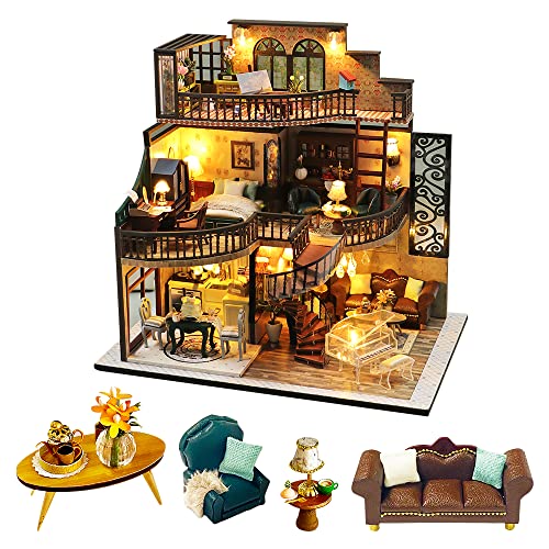 CUTEBEE Puppenhaus Miniatur mit Möbeln, Idee DIY hölzernes Puppenhaus-Kit mit LED-Licht, Staubschutz und Spieluhr, Maßstab 1:24 kreativer Raum M2132 von CUTEBEE