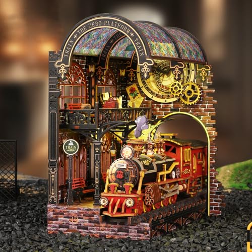 CUTEROOM DIY Book Nook Kit- Miniatur Puppenhaus 3D Puzzle Holzmodellbausatz zur Dekoration und als Geschenk - Dampfzug Diorama mit Dampflok, Gleisen von CUTEROOM