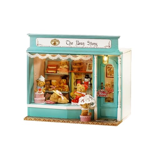 CUTEROOM DIY Miniatur Puppenhaus Bausatz, Miniatur Haus Bausatz, Puppenhaus Miniatur mit Möbeln, 3D Miniatur Puppenhaus aus Holz mit Musikwerk und LED Lichtern 1:24 (Bear Story) von CUTEROOM