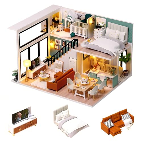 CUTEROOM DIY Miniatur-Puppenhaus-Set mit Möbeln, Puppenhaus aus Holz mit Musikbewegung und LED-Lichtern, DIY-Haus-Set, Weihnachts- und Geburtstagsgeschenke – komfortables Leben von CUTEROOM