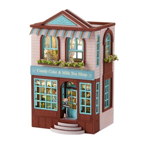 CUTEROOM Miniatur Haus, DIY Puppenhaus Set aus Holz, Mini Hausbau-Set mit Möbeln und LED Licht, Geburtstagsgeschenk für Frauen und Mädchen (Dessert Shop) von CUTEROOM