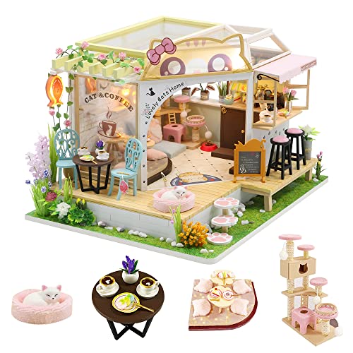 DIY Miniatur Haus, CUTEROOM DIY Puppenhäuser Miniatur Haus Kit mit Möbeln und LED-Licht, Cat Coffee Modellbausätze für Erwachsene zum Bauen von CUTEROOM