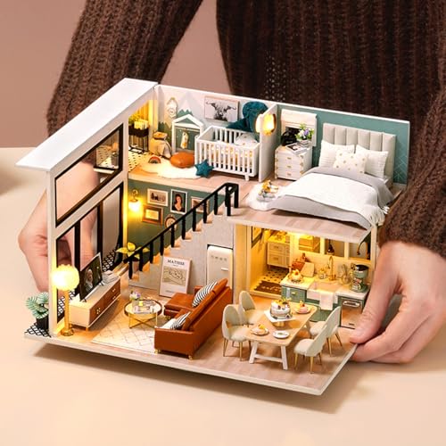 CUTEROOM Miniatur Puppenhaus Bausatz zum Selberbauen – Holz-Puppenhaus mit Möbeln, Musik & LED für Kinder, Mädchen & Jungen (DIY Modellhaus, Geschenkidee) von CUTEROOM