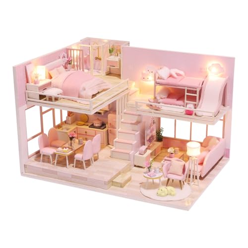 CUTEROOM Miniatur-Puppenhaus-Bausatz zum Selbermachen mit Möbeln und Musik – Puppenhaus-Bausatz aus Holz für Kinder, Erwachsene, Jungen und Mädchen（Pink Sweetheart） von CUTEROOM