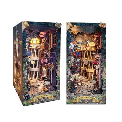 CUTROOM Book Nook Kit mit LED-Lichtern, Magic Market DIY Miniatur-Puppenhaus-Kit 3D-Holzpuzzle Buchstütze Booknook Bücherregal Dekoration (Magic Night Alley) von CUTEROOM