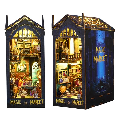 CUTROOM Book Nook Kit mit LED-Lichtern, Magic Market DIY Miniatur-Puppenhaus-Kit 3D-Holzpuzzle Buchstütze Booknook Bücherregal Dekoration (Magic Market) von CUTEROOM