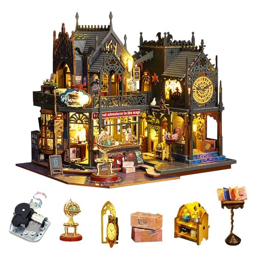 CUTEROOM DIY Miniaturhaus Set, kleines Haus Set für Erwachsene zum Bauen, hölzernes Puppenhaus-Set mit Möbeln und LED Geburtstagsgeschenken für Teenager und Erwachsene (Holo Magic City) von CUTEROOM