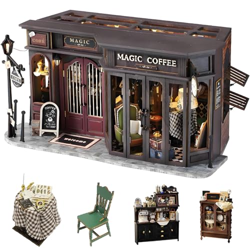 CUTEROOM Miniatur-DIY-Hausbausatz (mit Möbeln), Bastelset für Erwachsene, Maßstab 1:24, Puppenhaus aus Holz, Geburtstagsgeschenk für Erwachsene und Kinder (Magic Cafe) von CUTEROOM