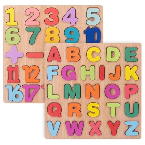 CUTeFiorino Baby Kleinkind Puzzle Alphabet Buchstaben Anzahl Holz Lernen Vorschule Spielzeug Geschenke Lernuhren (Khaki, One Size) von CUTeFiorino