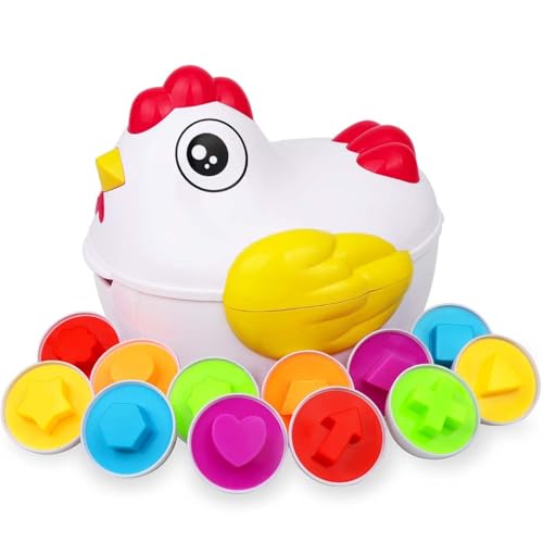 CUTeFiorino Chicken Eggs Easter Toys for Toddlers Easter Basket Stuffers Baby Toddler Toys with 12 Matching Eggs and Hen Case Educational Toys for Kids Boys Girls 18 Month 2 3 Years (White, One Size) von CUTeFiorino