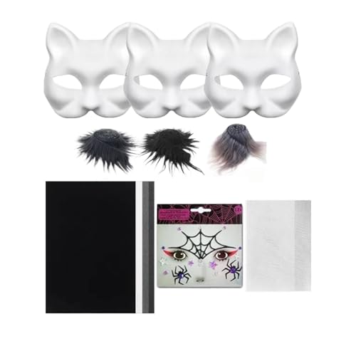 CUTeFiorino DIY Set 6 Stück DIY Papier mit Kunstnetz und Stoff Leere Halbkatze zum Basteln für Halloween Maskerade Maskerade Cosplay Aus Pappe (C, S) von CUTeFiorino