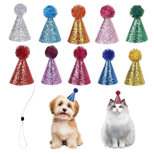CUVZORA 10 Stück Hunde & Katzen Partyhüte, Verstellbare Geburtstagsmützen mit Pompom, Niedliche Flauschige Glitzer-Hüte für Haustiere, Bunte Tierparty-Deko für Welpen & Pet Party von CUVZORA