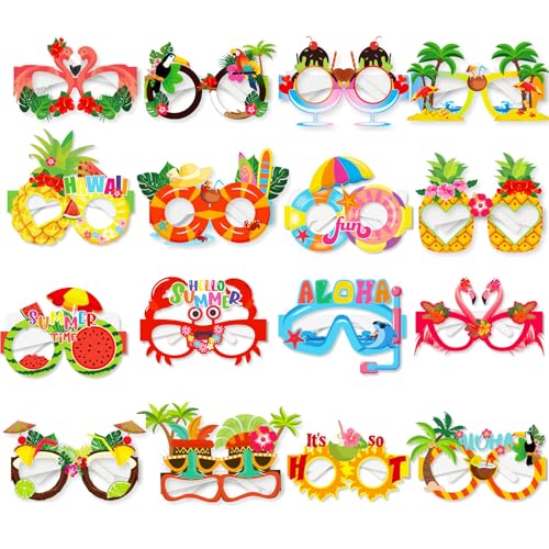 CUVZORA 16 Stück Lustige Hawaii Partybrillen aus Papier, Hawaiianische Fotobox Accessoires & Deko für Sommerparty, Karneval, Halloween, Für Kinder und Erwachsene von CUVZORA