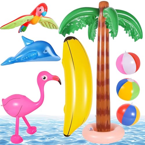 CUVZORA 8 Stück Aufblasbare Palmen Spielzeug Set, Flamingo Papagei Delphin Bananen Strand Bälle, Hawaii Deko für Luau Party, Sommerfest, Garten und Schwimmbad von CUVZORA