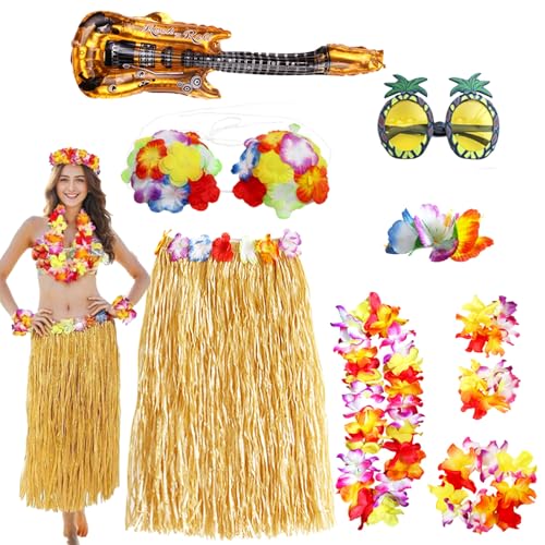 CUVZORA 9 Stück Hawaii Outfit Damen Männer, Bustier mit hawaiianischem Grasrock, Blumen Kopfbedeckung, Lei Halskette und Armband, Lustige Hawaii Outfits, für Tropische Urlaube und Sommerpartys CUVZORA 9 Stück Hawaii Outfit Damen Männer, Bustier mit hawaiianischem Grasrock, Blumen Kopfbedeckung, Lei Halskette und Armband, Lustige Hawaii Outfits, für Tropische Urlaube und Sommerpartys von CUVZORA