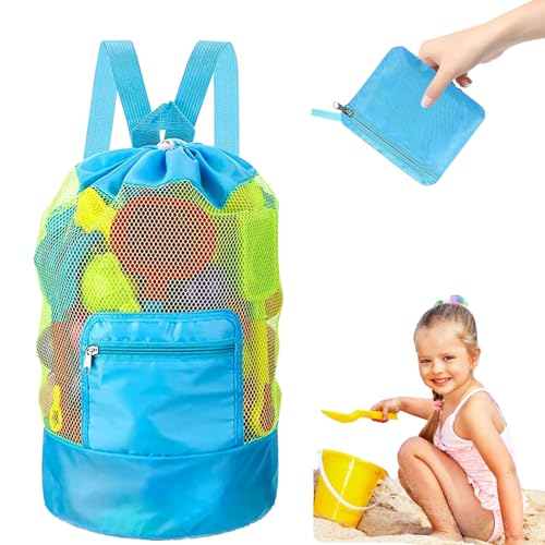 CUVZORA Sandspielzeug Tasche,Sandspielzeug Mesh Rucksack Beutel für Kinder, Wiederverwendbare Faltbare Mesh Strandtasche, Ideal für Sandspielzeug und Wasserspielzeug, Familie Urlaub (Blau) von CUVZORA