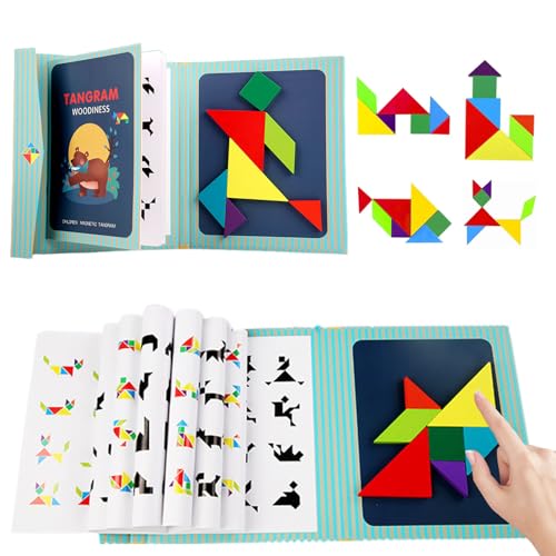 CUVZORA Tangram Magnetisch, Kinder Lernspielzeug Reisespiele für unterwegs, Magnetspiel mit 96 Mustern, Magnetpuzzle aus Holzfür Kinder ab 3 Jahren, Kreativ und Sicher (Grün) von CUVZORA