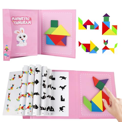 CUVZORA Tangram Magnetisch, Kinder Lernspielzeug Reisespiele für unterwegs, Magnetspiel mit 96 Mustern, Magnetpuzzle aus Holzfür Kinder ab 3 Jahren, Kreativ und Sicher (Rosa) von CUVZORA