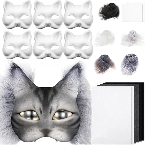 CUVZORA Therian Mask DIY Set, 6 Blank Katzenmasken zum Bemalen mit Furry Materialien für Kreative Projekte, Basteln von Tiermasken für Cosplay, Kinder und Fans von Therian Stuff (A) von CUVZORA