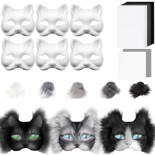 CUVZORA Therian Mask DIY Set, 6 Blank Katzenmasken zum Bemalen mit Furry Materialien für Kreative Projekte, Basteln von Tiermasken für Cosplay, Kinder und Fans von Therian Stuff (C) von CUVZORA