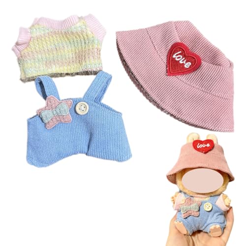 CUZYP 17 cm labubu Kleidung, passend für 17 cm große Labubu-Puppe, rosa Set, 1 rosa Pullover, 1 Blauer Overall, 1 Mütze (Keine Puppe) von CUZYP