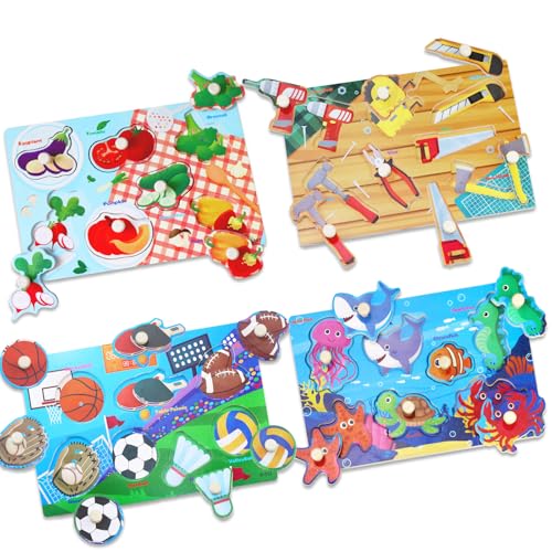4 Stück Kleinkind Puzzle Spielzeug Set, Montessori Spielzeug Griff Holzpuzzle, Kinderspielzeug Motorikspielzeug Steckpuzzle Lernspielzeug, Feinmotorik, Geschenke für 1, 2 bis 3 Jahre alt von CVARRISE