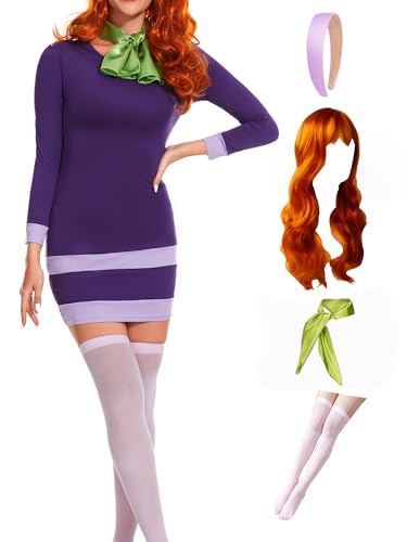 CVCPP 5-teiliges Halloween-Kostüm für Damen, langärmelig, figurbetont, lila, Minikleid mit Perücke, Schal, Stirnband, Strümpfe, Sets Ct03-01-XXL CVCPP 5-teiliges Halloween-Kostüm für Damen, langärmelig, figurbetont, lila, Minikleid mit Perücke, Schal, Stirnband, Strümpfe, Sets Ct03-01-XXL von CVCPP
