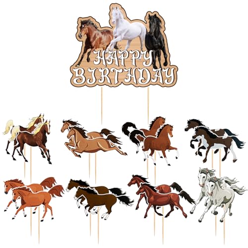 CVFRTT 16 Stück Pferde-Kucheneinsätze Und 1 Großer Geburtstagskuchen-Einsatz, Pferde-Motto-Geburtstagsfeier-Dekorationen, Kinder-Kuchendekorationen, Kreative Tier-Kuchen-Einsätze, Kuchen-Zubehör von CVFRTT