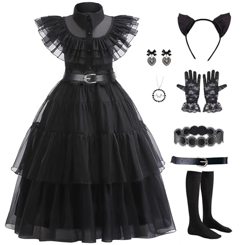 CVNHMG Schwarzes Cosplay-Kostüm für Mädchen, Halloween, Party, Gothic-Kostüm mit Zubehör von CVNHMG