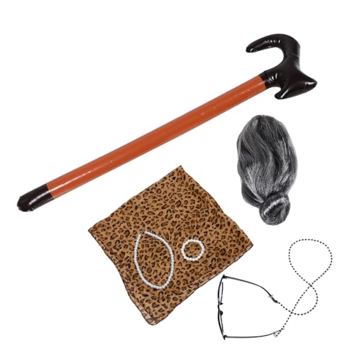 CVUTOVO 1 Satz Old Lady Kostüm Set Teiliges Cosplay Zubehör für Halloween Grauer Perücke Brille Kette und Gehstock Vielseitig für Partys und Theateraufführungen von CVUTOVO