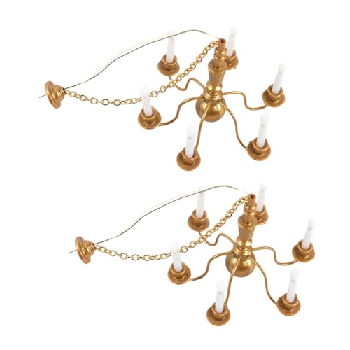 CVUTOVO 2 Stück Miniatur Deckenlampe Modell in Gold mit Warmweißem Licht Simulation Kronleuchter für Sandtisch DIY Mini Hängelampe als Puppenhaus Dekoration und Zubehör von CVUTOVO