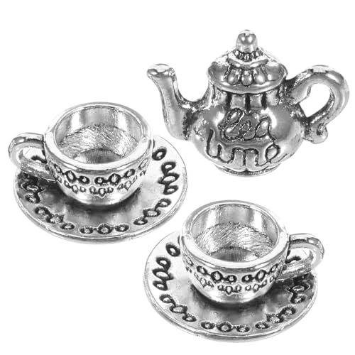 CVUTOVO Miniatur aus Zinklegierung Teiliges Silbernes Mini Teekessel und Tasse Dekoration Langlebig für Puppenhaus Haushaltsszenen und Kreative Wohnaccessoires von CVUTOVO