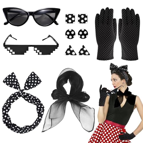 CWENDANER Damen 8-teiliges Rockabilly Accessoires Set, 50er Jahre Outfit, Vintage Zubehör mit Chiffon Schal, Polka Dot Stirnband, Katzenauge Brille, Mosaik Brille, Unisex CWENDANER Damen 8-teiliges Rockabilly Accessoires Set, 50er Jahre Outfit, Vintage Zubehör mit Chiffon Schal, Polka Dot Stirnband, Katzenauge Brille, Mosaik Brille, Unisex von CWENDANER