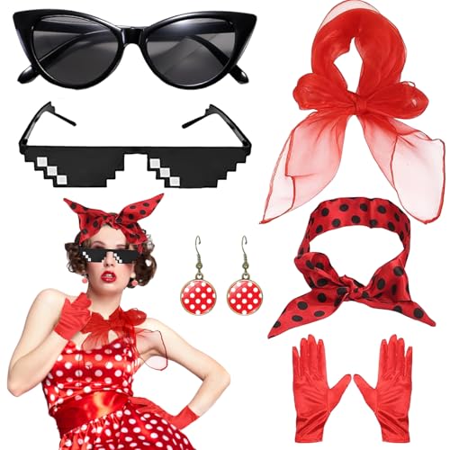 CWENDANER 6 Stück Rockabilly Accessoires Damen, 50er Jahre Outfit Damen, Damen Vintage Kleidungszubehör, mit Chiffon Schal Polka Dot Stirnband Katzen Auge Brille, Mosaik Brille Unisex CWENDANER 6 Stück Rockabilly Accessoires Damen, 50er Jahre Outfit Damen, Damen Vintage Kleidungszubehör, mit Chiffon Schal Polka Dot Stirnband Katzen Auge Brille, Mosaik Brille Unisex von CWENDANER