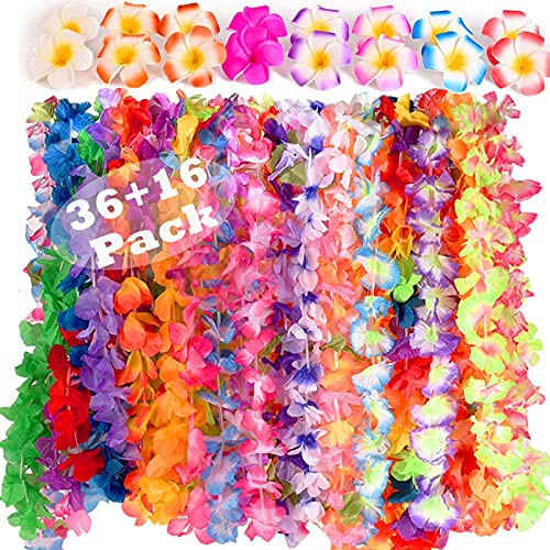 Hawaii Blumenketten 52 STK, Hawaii Kette Blumen Girlanden 36Stk mit Hawaiianische Plumeria Haarspange 16Stk, Hawaii Outfit Halsketten Deko für Maui Luau Aloha Lilo Tropische Mottoparty Beachparty von Esjay