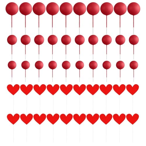 30 Stück Rote Kugeleinsätze Und 20 Stück Herzeinsätze, Mini-Ballon-Kuchendekorationen, Kuchendekorationseinsätze, Partyzubehör, Kuchenaufsatz, Kuchenzubehör von CWPFVQA