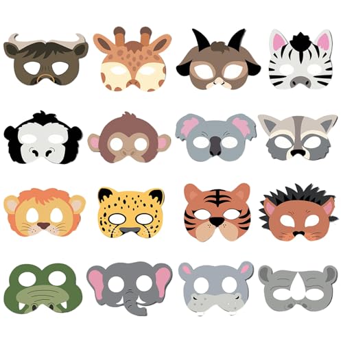 CXNXFD 16 Stück Tiermasken,Dschungel Deko Geburtstag,Party Animals,Tiermaske für Kinder Tiermasken Zum Bemalen, Pferdemaske, Verkleidungskiste für Kinder, Safari Deko von CXNXFD