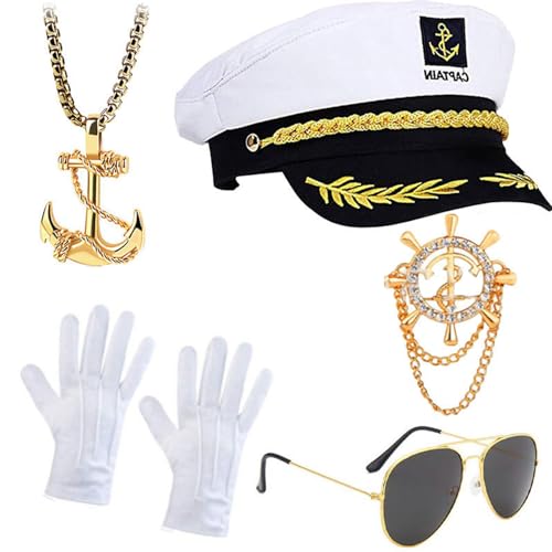 CXNXFD Kapitän Kostümzubehör-Set, Goldene Accessoires mit Kapitänsmütze, Anker-Anhänger, Steuerrad, Pfeife und Handschuhe,Erwachsene Frauen Männer Karneval Thema Party Cosplay Kapitän Hut CXNXFD Kapitän Kostümzubehör-Set, Goldene Accessoires mit Kapitänsmütze, Anker-Anhänger, Steuerrad, Pfeife und Handschuhe,Erwachsene Frauen Männer Karneval Thema Party Cosplay Kapitän Hut von CXNXFD