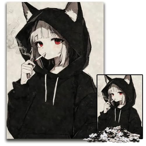 1000teiliges Puzzle AnimeKatzenmädchen Rauchen unmögliche Puzzles für Erwachsene Denksportaufgabe interaktives Familienspiel geeignet für Kinder ab 14 Jahren 1000 Teile (75 x 50 cm) von CXUOSADIP