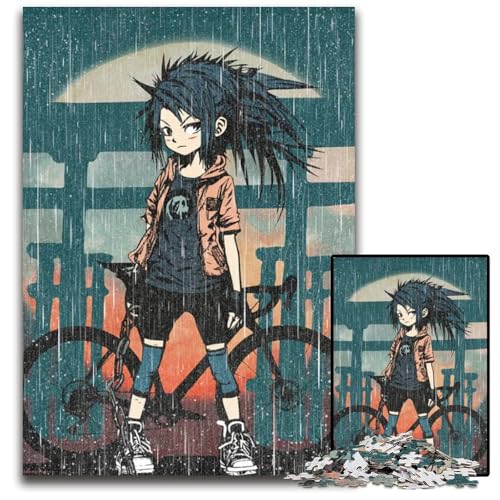 1000teiliges Puzzle AnimeMädchen mit Fahrrad im Regen anspruchsvolle Puzzles perfekt für Familienfeiern Geburtstage Feiertage 1000 Teile (38 x 26 cm) von CXUOSADIP