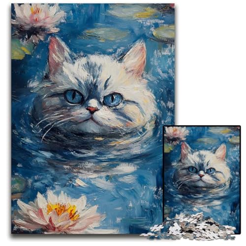 1000teiliges Puzzle Katze in Seerosen Holzpuzzle für Erwachsene Geburtstagsgeschenkidee anspruchsvolles Denkspiel 1000 Teile (75 x 50 cm) von CXUOSADIP
