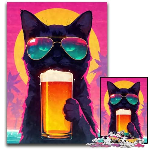 1000teiliges Puzzle RetroPuzzle mit schwarzer Katze und Bier Holzpuzzle Geschenk für Männer und Frauen für den Alltag und besondere Anlässe 1000 Teile (38 x 26 cm) von CXUOSADIP