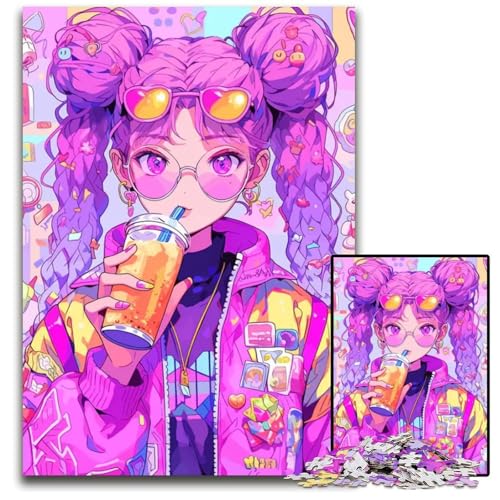1000teiliges Puzzle für Erwachsene AnimeMädchen mit rosa Haaren Holzpuzzle für Erwachsene kreatives Familienspiel Heimdekoration Teenager 1000 PCS (38 x 26 cm) von CXUOSADIP
