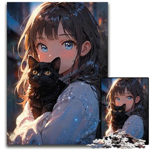 1000teiliges Puzzle für Erwachsene AnimeMädchen und Schwarze Katze Puzzles für Erwachsene Heimaktivität für Feiertage Geburtstage und Familienspieleabende 1000 Teile (75 x 50 cm) von CXUOSADIP
