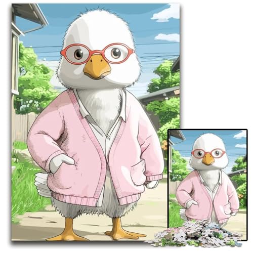 1000teiliges Puzzle für Erwachsene Ente in rosa Strickjacke Holzpuzzle für Erwachsene kreatives Familienspiel Heimdekoration Teenager 1000 PCS (38 x 26 cm) von CXUOSADIP