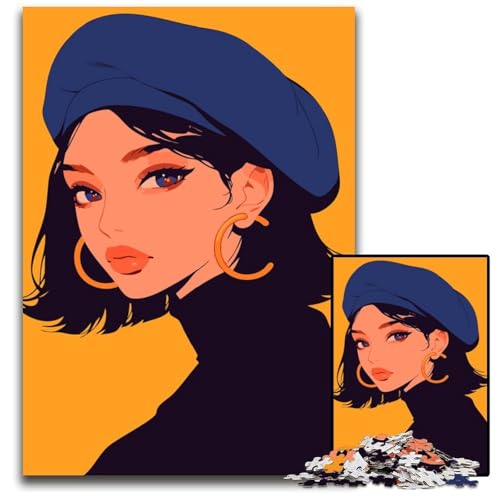 1000teiliges PuzzleGeschenk AnimeMädchen in Blauer Baskenmütze minimalistische Kunst Puzzles für Erwachsene Denkspiel für Teenager Familieninteraktion 1000 Teile (75 x 50 cm) von CXUOSADIP