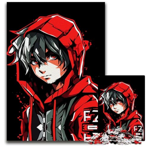 AnimeJunge im roten Kapuzenpullover Puzzle 1000 Teile für Erwachsene Unmögliches Puzzle für Erwachsene Herausforderndes Denkspiel für Teenager Spaß für den Familienspieleabend 1000 Teile (75 x 50 cm) von CXUOSADIP
