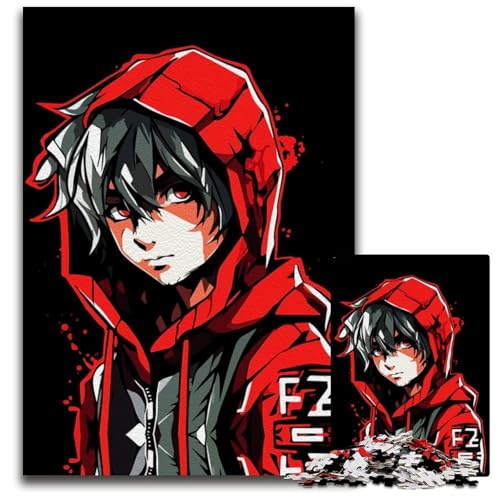 AnimeJunge im roten Kapuzenpullover Puzzleteile anspruchsvolle Rätsel Denksportaufgabe interaktives Familienspiel geeignet für Kinder ab 14 Jahren 1000 Teile (38 x 26 cm) von CXUOSADIP